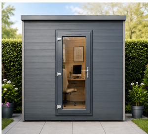 Composite garden office room with desk and chair visible through the glazed door